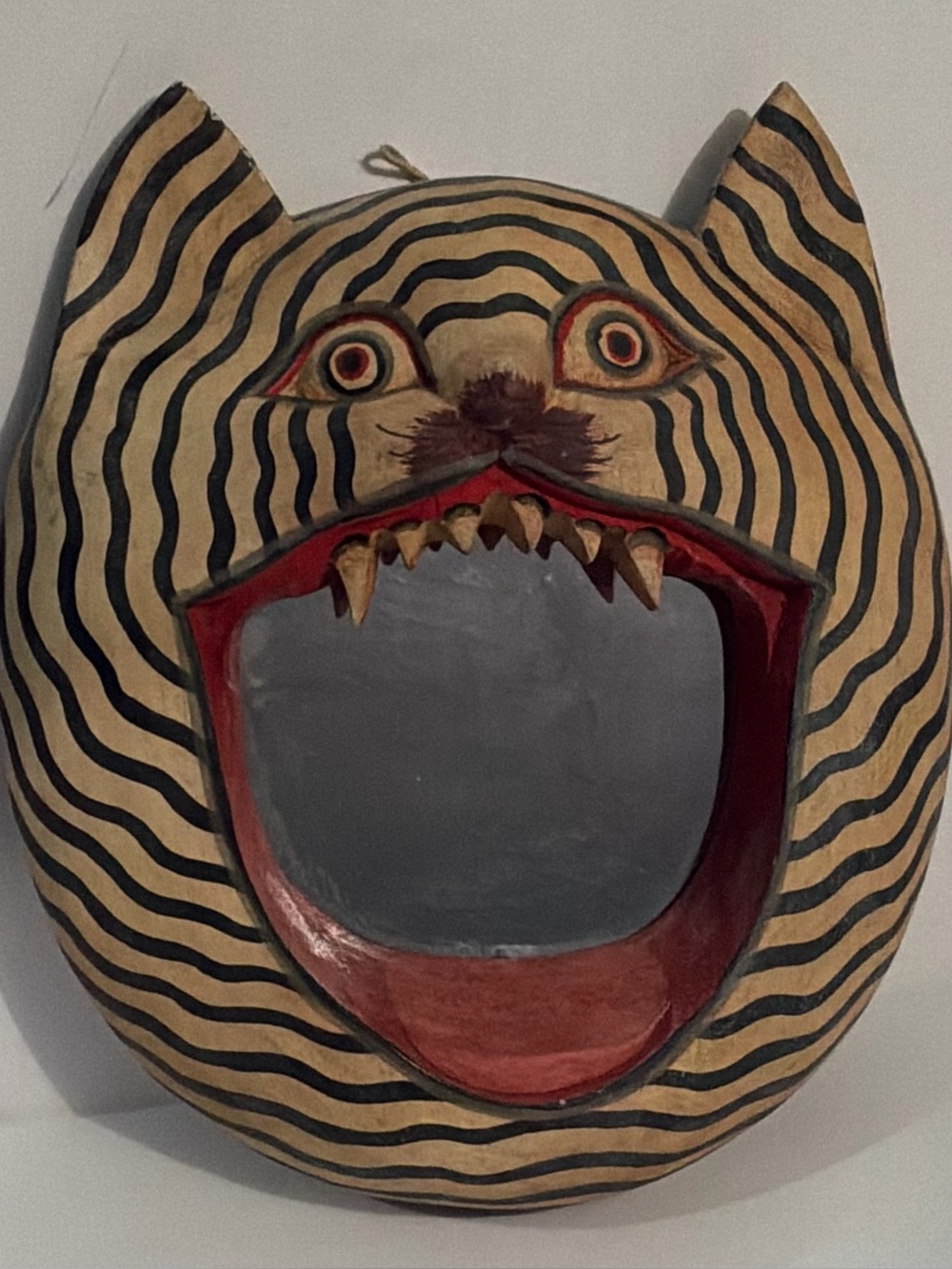 Vintage Cat Head Mirror Balinese Wooden Carved Hand Painted Tiger Striped Tabby